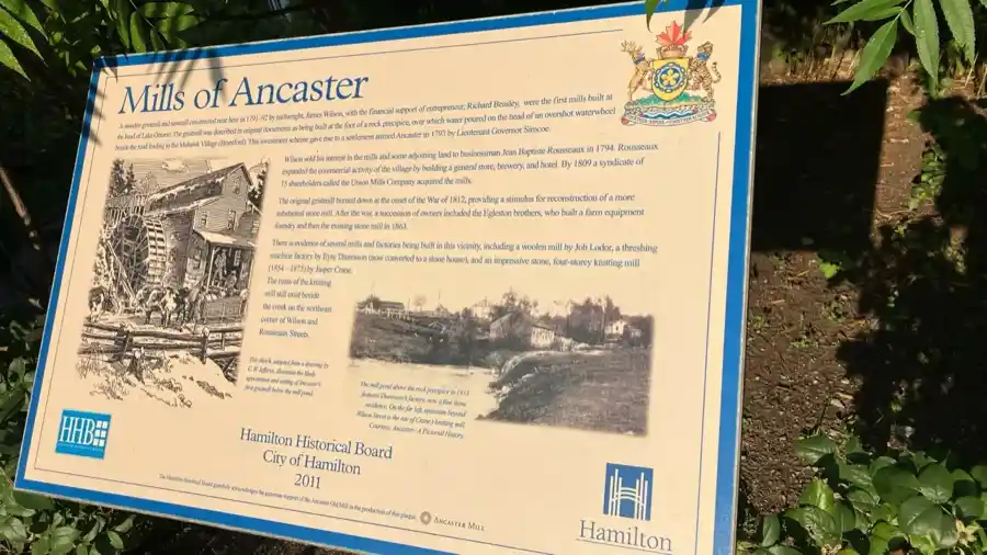 Mills of Ancaster historical plaque beside Ancaster Mill