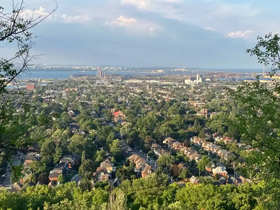 Hamilton neighbourhoods descending from the Niagara Escarpment toward the harbour