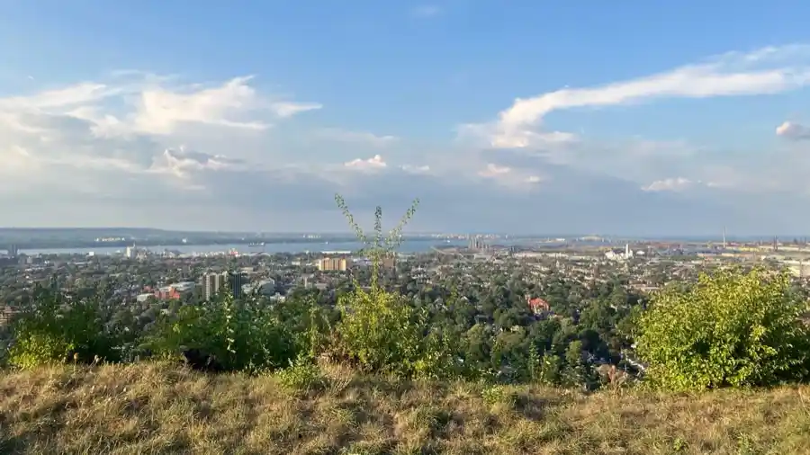 Wide view across Hamilton lower city and harbour from Sam Lawrence Park