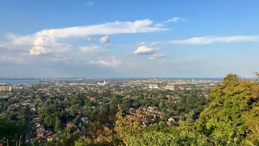 Hamilton industrial harbour and Lake Ontario from the Niagara Escarpment