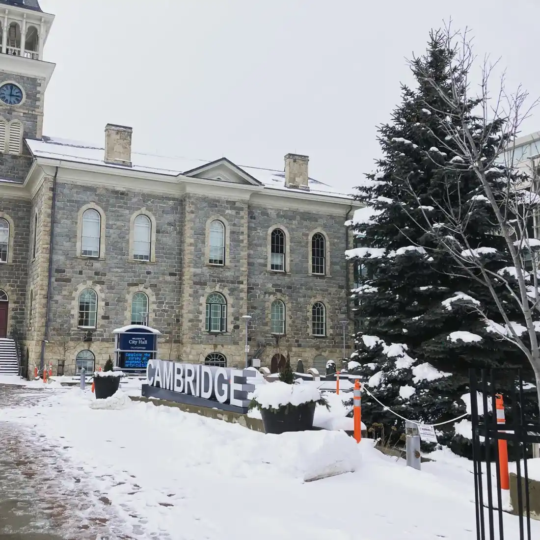 Cambridge Ontario Galt city hall winter Grand River old European town photo