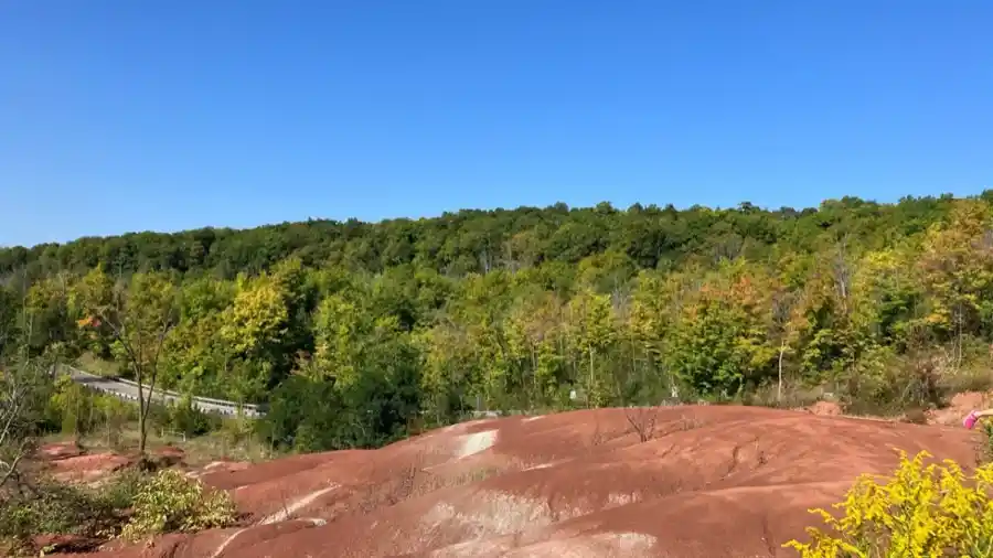 Vue large des collines de schiste rouge aux Cheltenham Badlands en Ontario