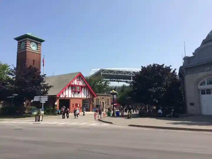 Historic Exhibition Place buildings and fair visitors in Toronto