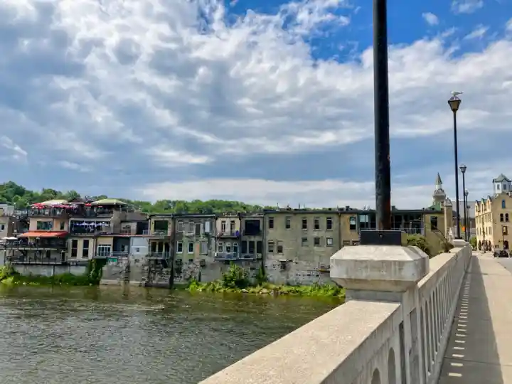 Grand River and downtown buildings viewed from the William Street bridge sidewalk
