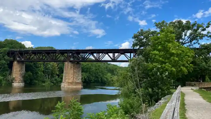 Rail bridge and riverside public trail near Penman's Dam in Paris, Ontario