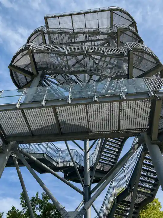 Point Pelee Tip Tower viewed from below against a bright sky