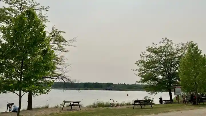 Wildwood Reservoir swimming beach with shaded picnic tables