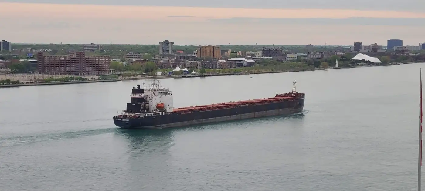 Freighter ship moving along the Detroit River near Windsor