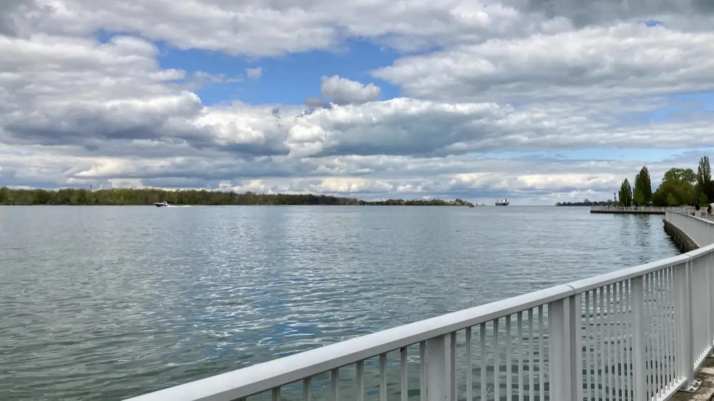 Railing and open Detroit River view from Windsor Ontario