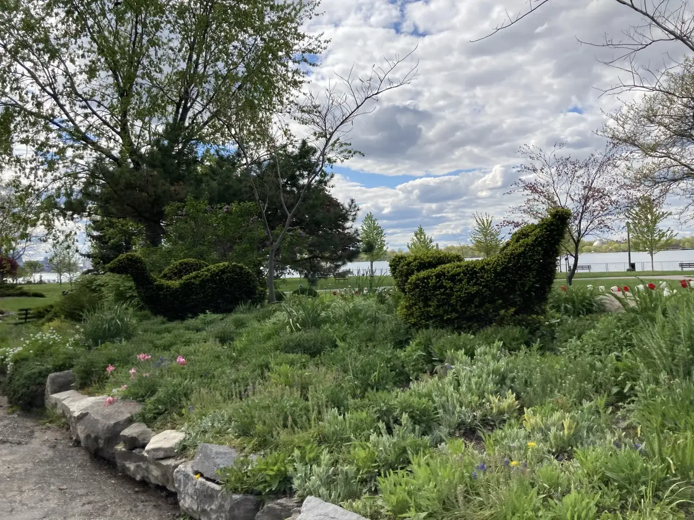 Topiary animal bushes near the Windsor riverfront